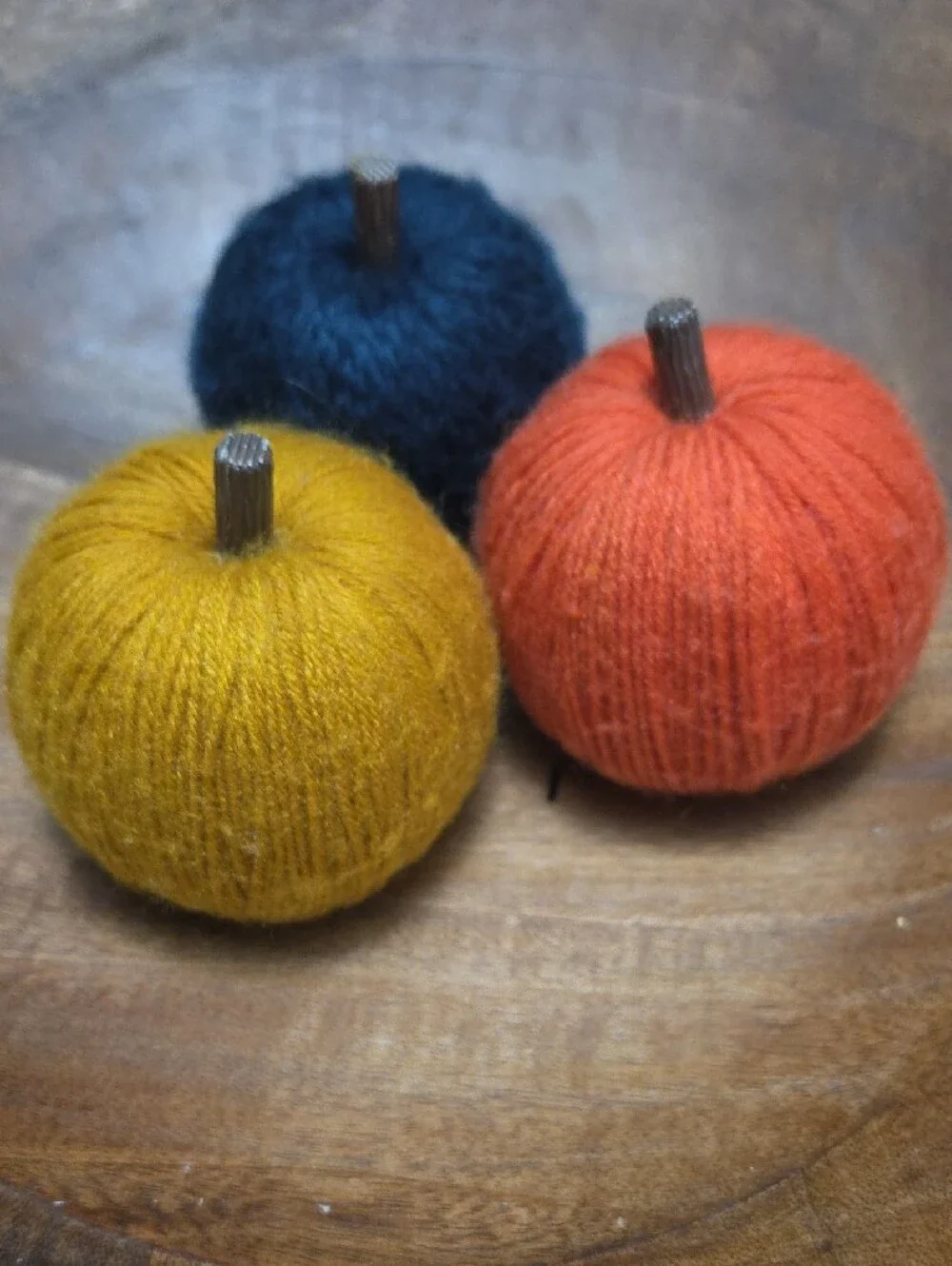 Handmade Yarn Pumpkins Trio - Black, Orange, Mustard - Home Art